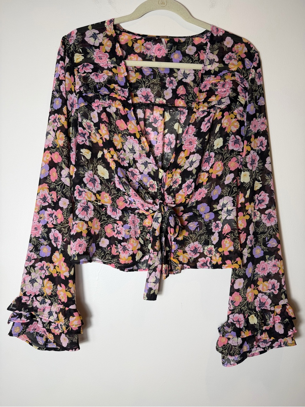 Free People Maybel Floral Flowy Tie Front Blouse Black Combo Size Large